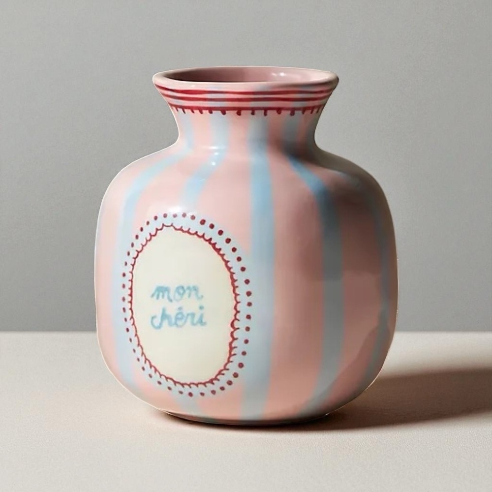 Laetitia Rouget Anthropologie Mon Chéri Vase Pink Striped Ceramic Bud Vase NWOT